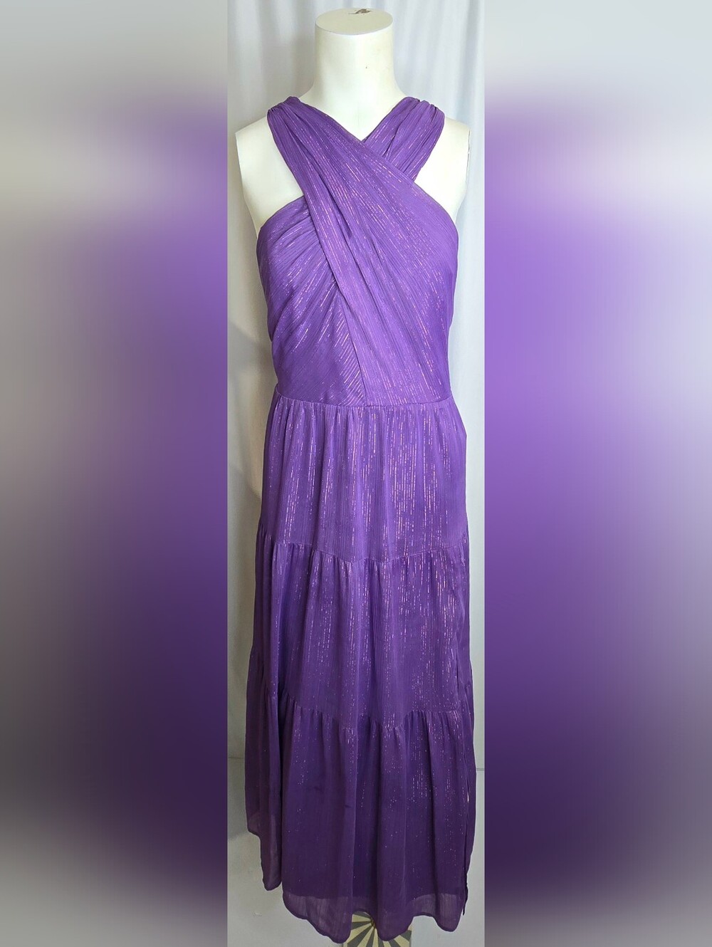 Nicole Miller NY Purple Metallic Wedding Guest Dress with Pockets Sz 16 NWOT